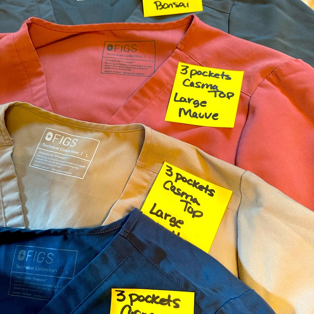 Figs Casma Scrub Tops in Rose, Navy, and Beige